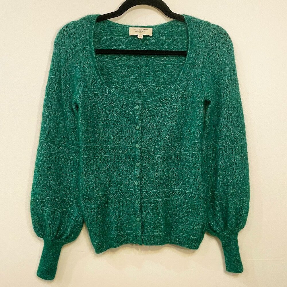 Last Call! EUC Sezane Esmee Mohair Wool Square Neck Cardigan Emerald Green XXS